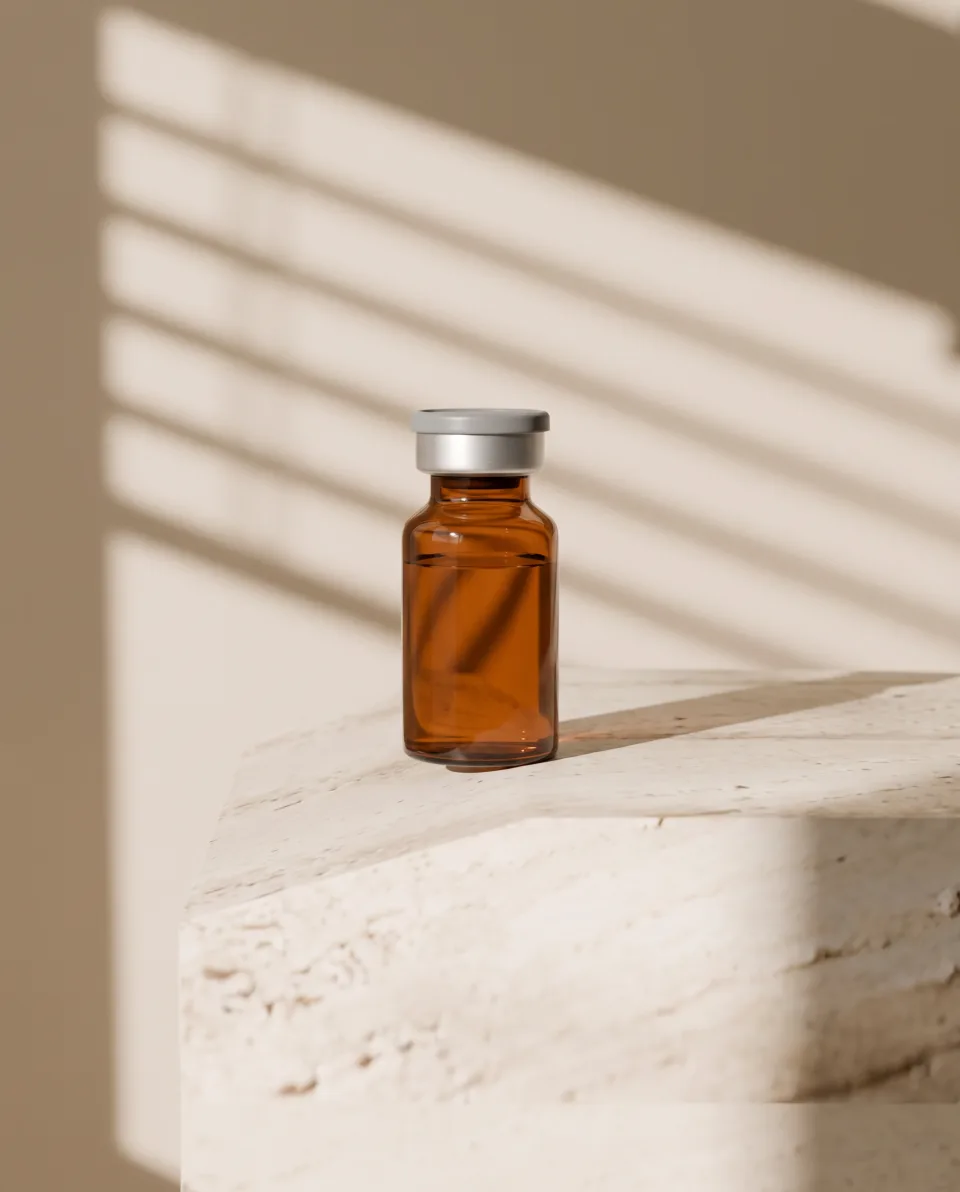 Vial ámbar de Farmadro sobre travertino